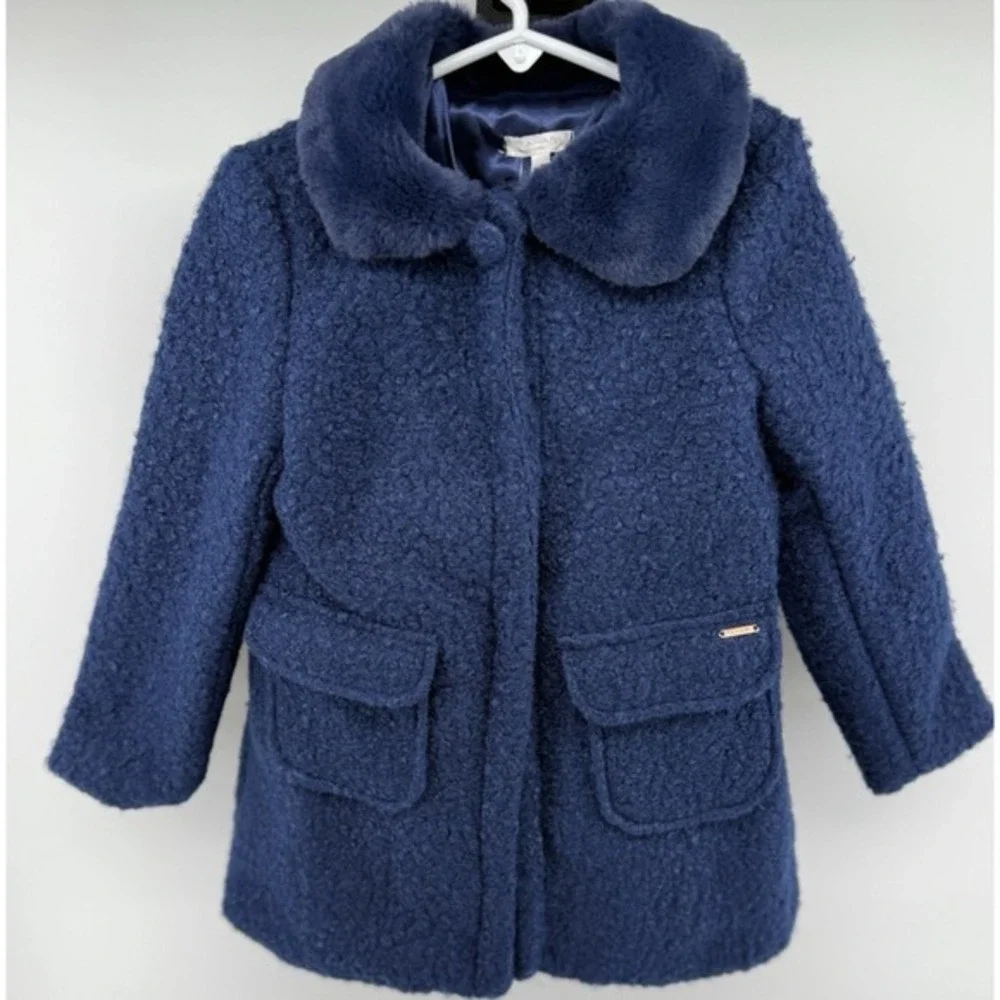 Tahari Girl‎ Navy Blue Boucle Coat Faux Fur Collar Kids Size 5 NWT JBGU902